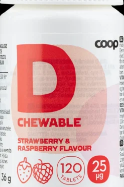 Outlet D-vitamiini 25μg Mansikka-Vadelma 120 purutablettia Vitamiinit