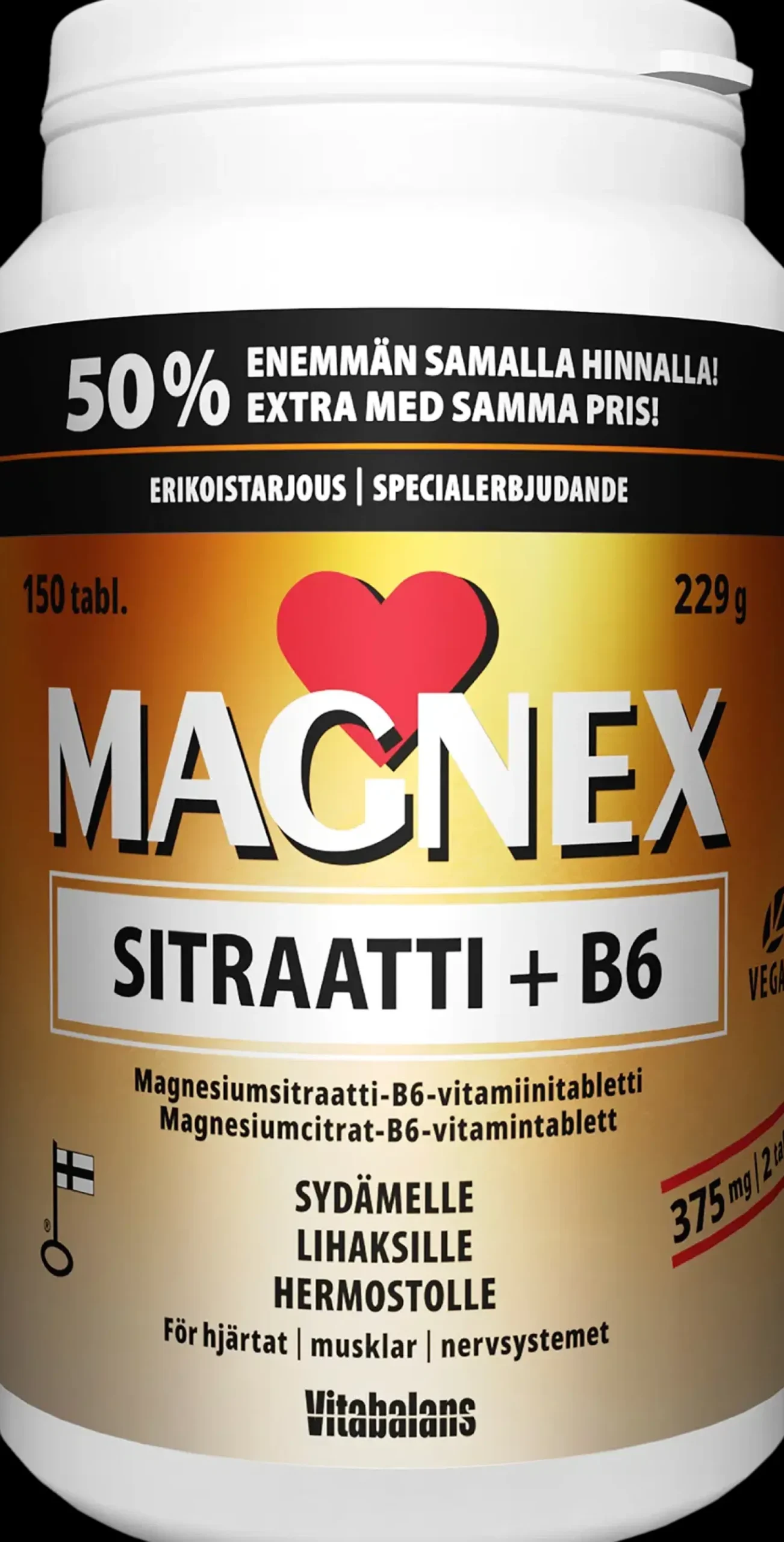 Vitabalans Kivennäis- Ja Hivenaineet<Magnex sitraatti + B6 150 tabl., magnesiumsitraatti-B6-vitamiinitabletti, kampanjapakkaus,