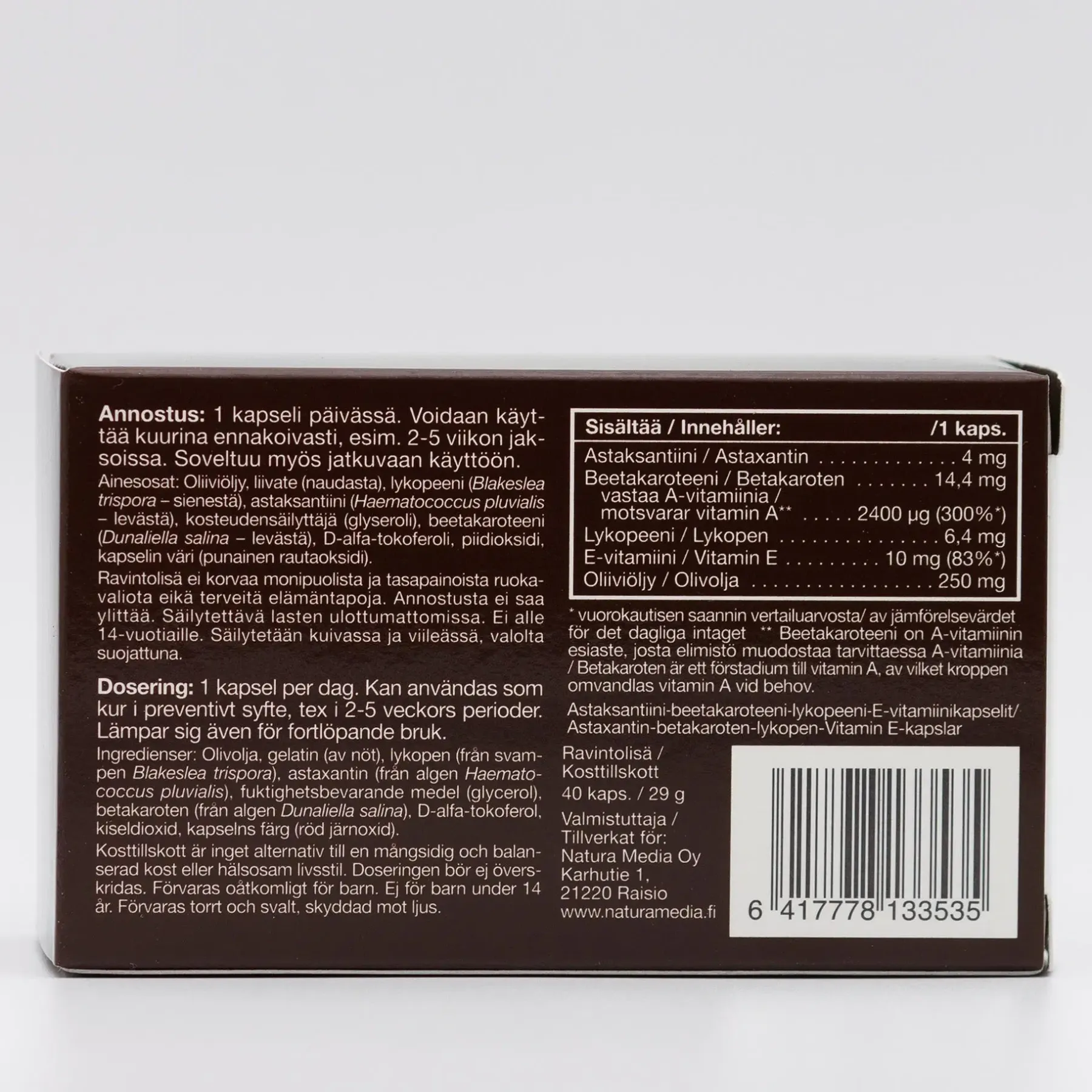 Natura Media Kauneuden Hyvinvointivalmisteet<n Suncaroten Strong Liquid Caps aurinkokapselit 40 kaps.