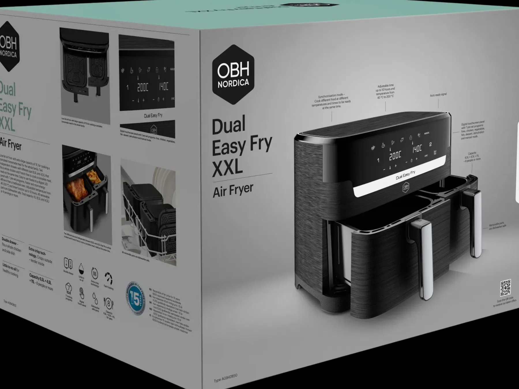 OBH Nordica Keittiökoneet<XXL Dual Easy 11l air fryer AG9428S0 musta