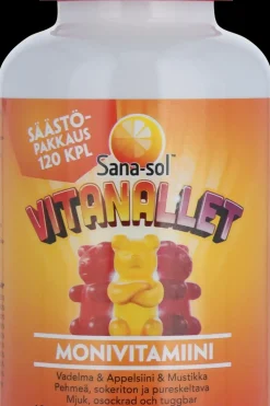 Sana-sol Vitamiinit<Vitanallet monivitamiini vadelman-, appelsiinin- ja mustikanmakuinen 120kpl/240g