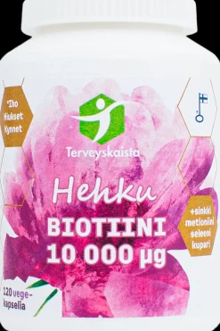 Terveyskaista Kauneuden Hyvinvointivalmisteet<n Hehku Biotiini 10 000 mcg +Sinkki+Metioniini+Kupari+Seleeni ravintolisä 120 kaps.
